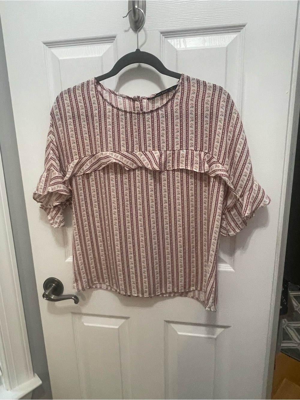 Zara Cream and Burgundy Striped Ruffle Top